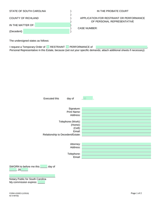 Application For Restraint Or Performance Of Personal Representative screenshot