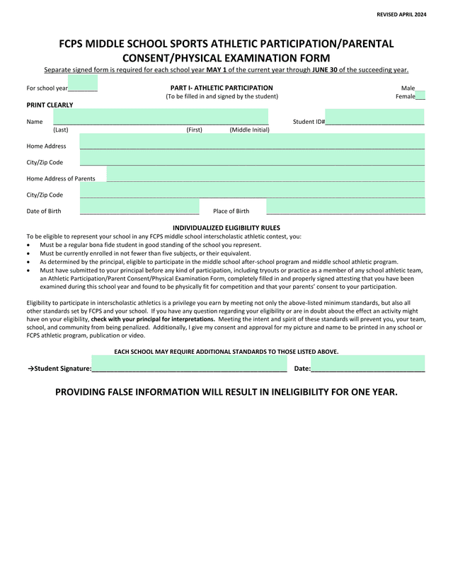 FCPS Middle School Sports Athletic ParticipationParental ConsentPhysical Examination Form screenshot