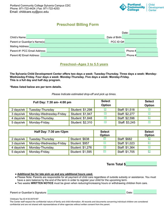 Preschool Billing Form screenshot
