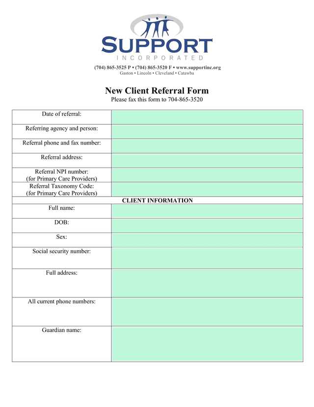 New Client Referral Form screenshot