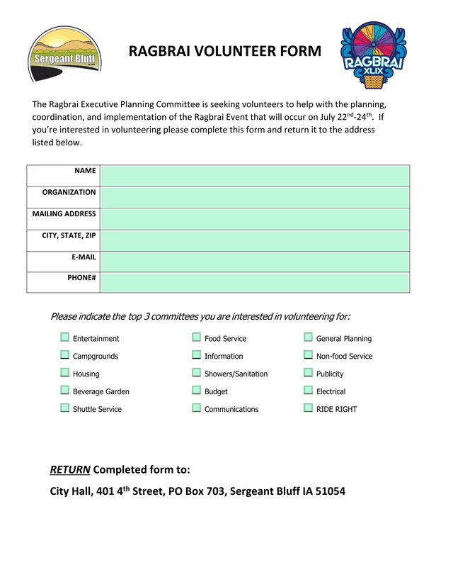 RAGBRAI VOLUNTEER FORM screenshot