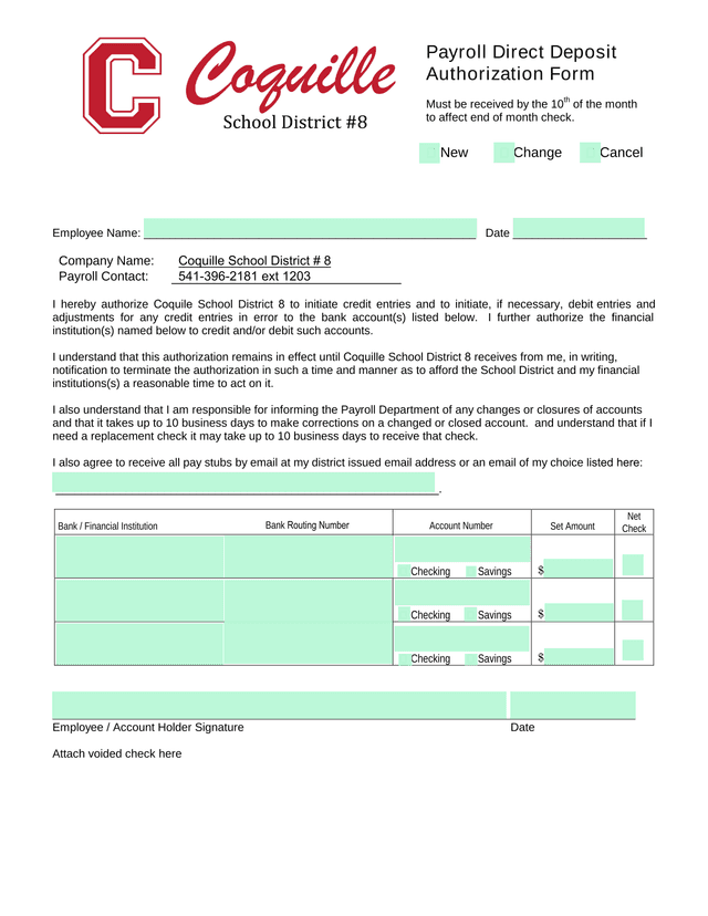 Payroll Direct Deposit Authorization Form screenshot