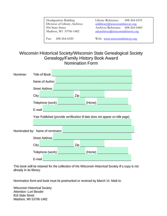 GenealogyFamily History Book Award Nomination Form screenshot