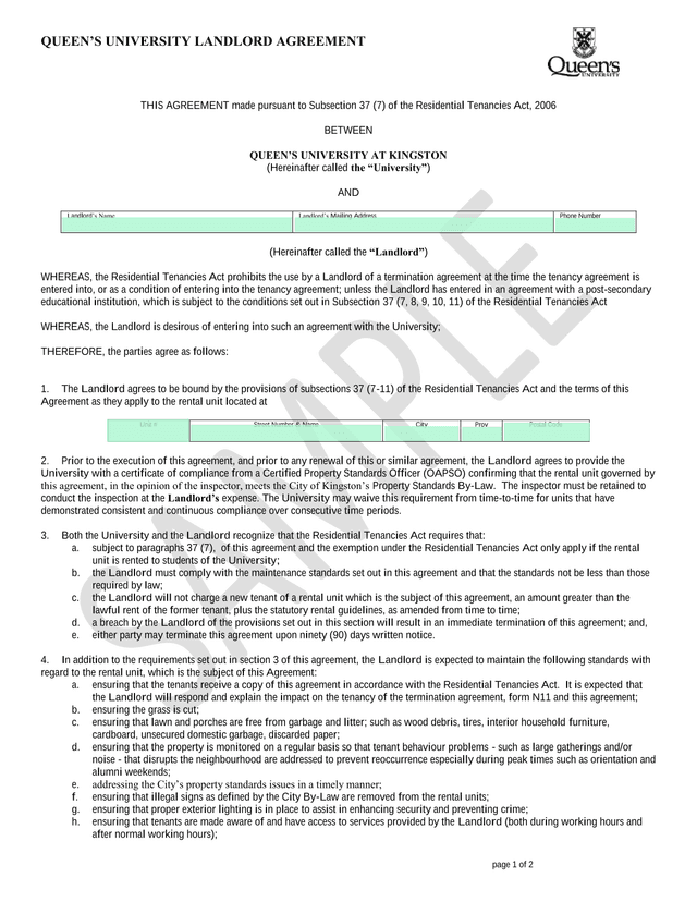 QueenS University Landlord Agreement screenshot