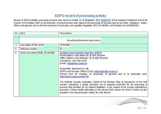EDPS Record Of Processing Activity screenshot