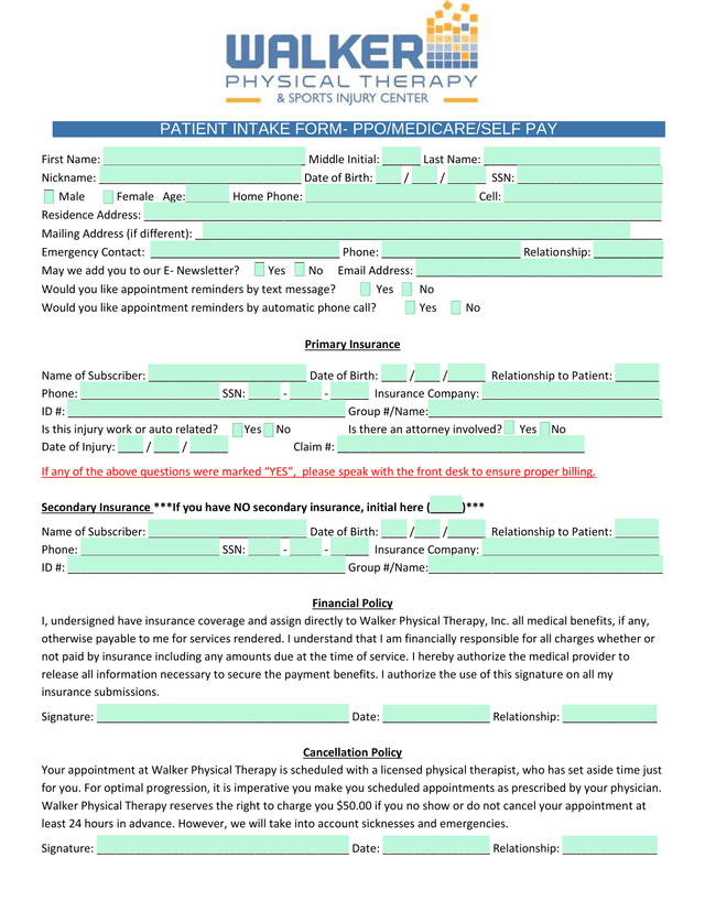 PATIENT INTAKE FORM  PPOMEDICARESELF PAY screenshot
