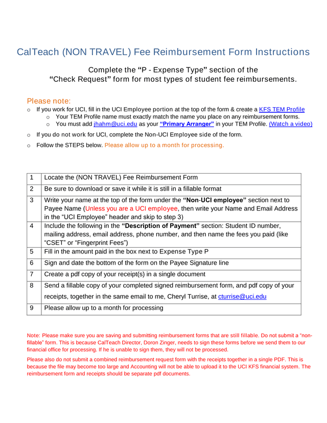 CalTeach (NON TRAVEL) Fee Reimbursement Form Instructions screenshot