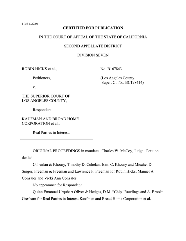 Court Of Appeal Of California   Hicks V. Superior Court screenshot