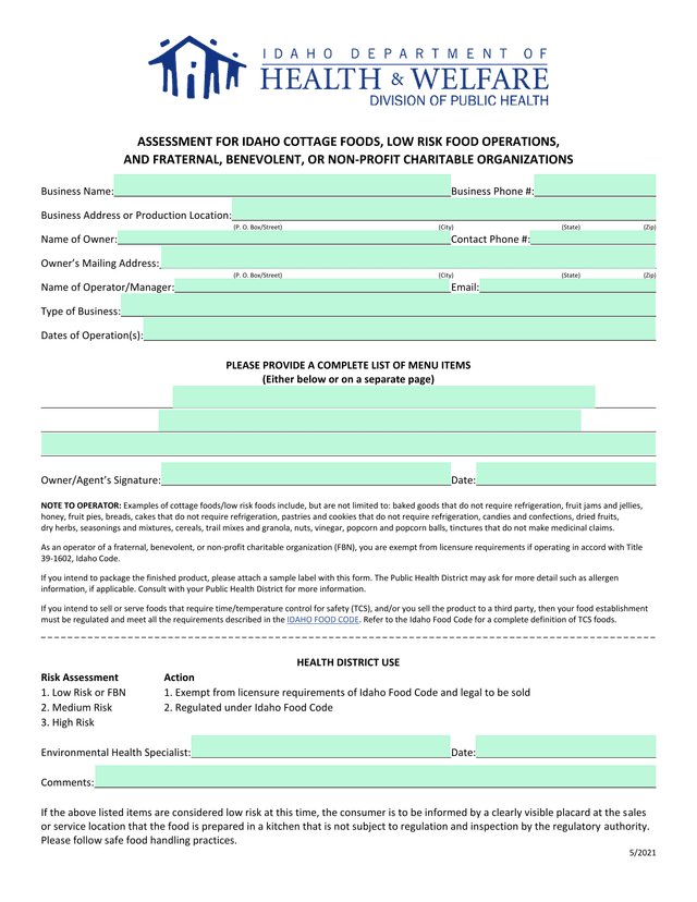 ASSESSMENT FOR IDAHO COTTAGE FOODS, LOW RISK FOOD OPERATIONS, AND FRATERNAL, BENEVOLENT, OR NON PROF screenshot