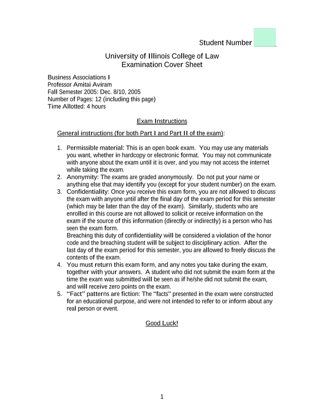 Business Associations I Examination Cover Sheet screenshot