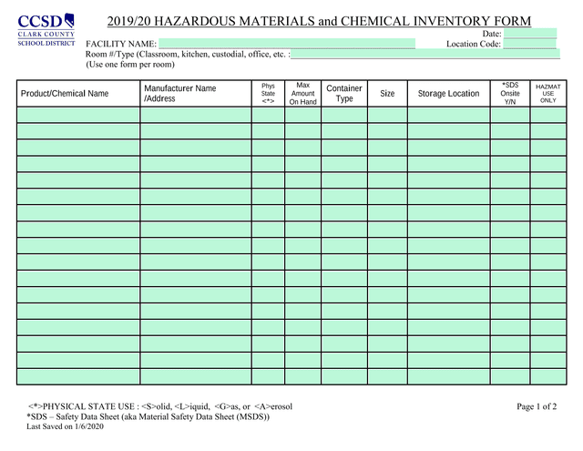 201920 HAZARDOUS MATERIALS And CHEMICAL INVENTORY FORM screenshot