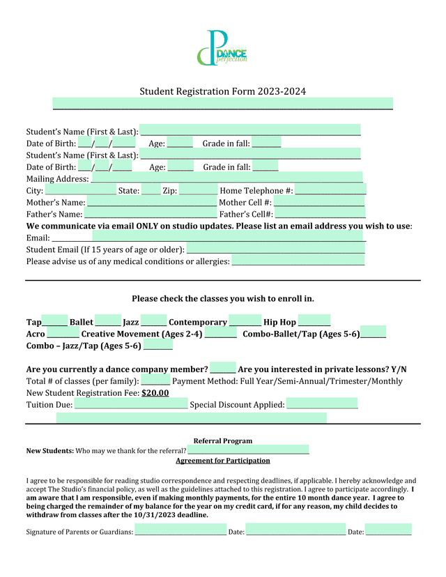 Student Registration Form 2023 2024 screenshot