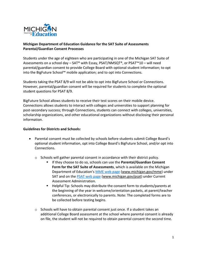 Michigan Department Of Education Guidance For The SAT Suite Of Assessments ParentalGuardian Consent  screenshot