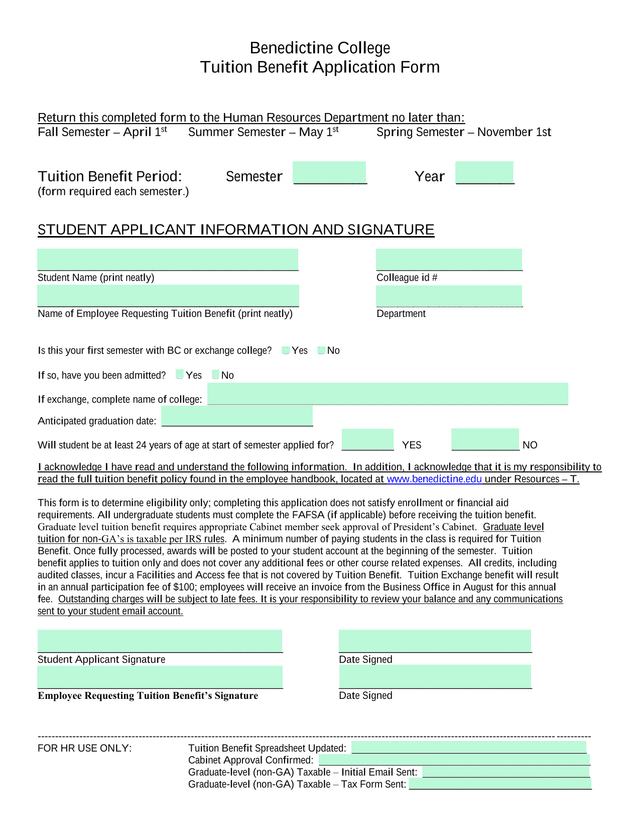 Benedictine College Tuition Benefit Application Form screenshot