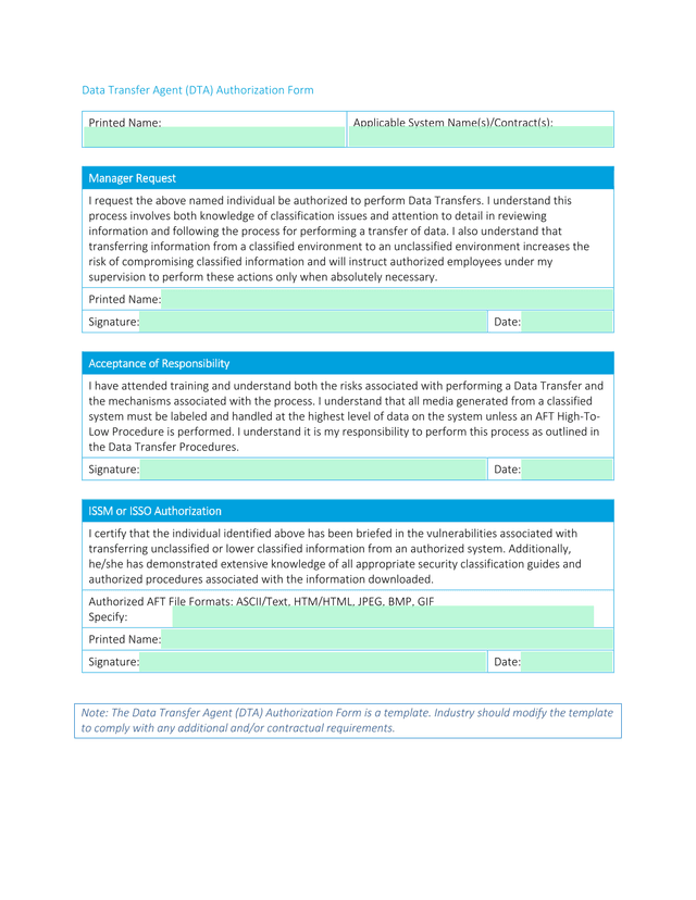 Data Transfer Agent (DTA) Authorization Form screenshot