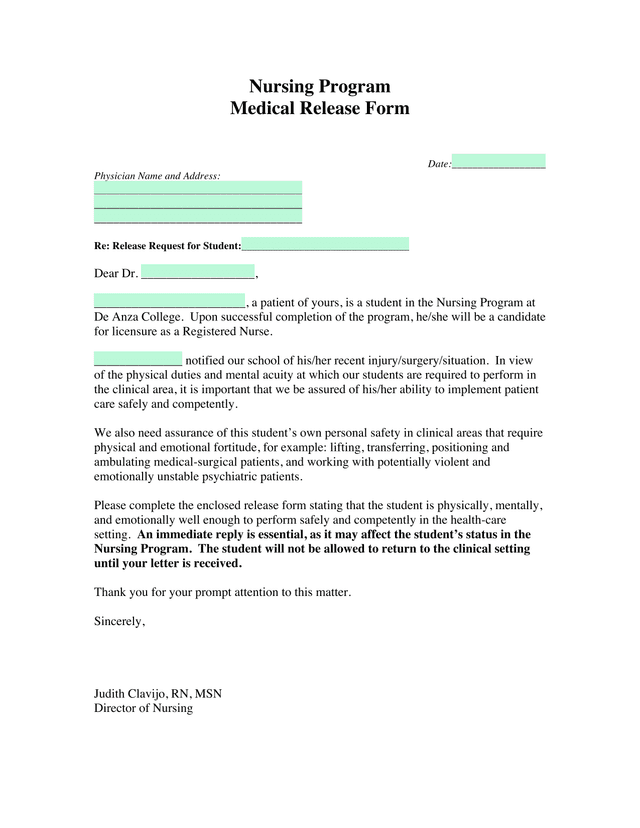 Nursing Program Medical Release Form screenshot
