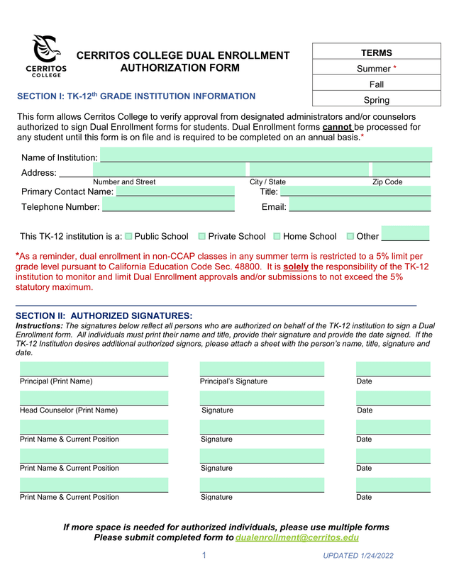 Cerritos College Dual Enrollment Authorization Form screenshot