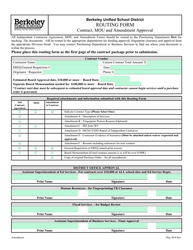 Berkeley Unified School District ROUTING FORM screenshot