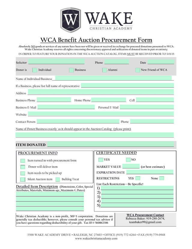 WCA Benefit Auction Procurement Form screenshot