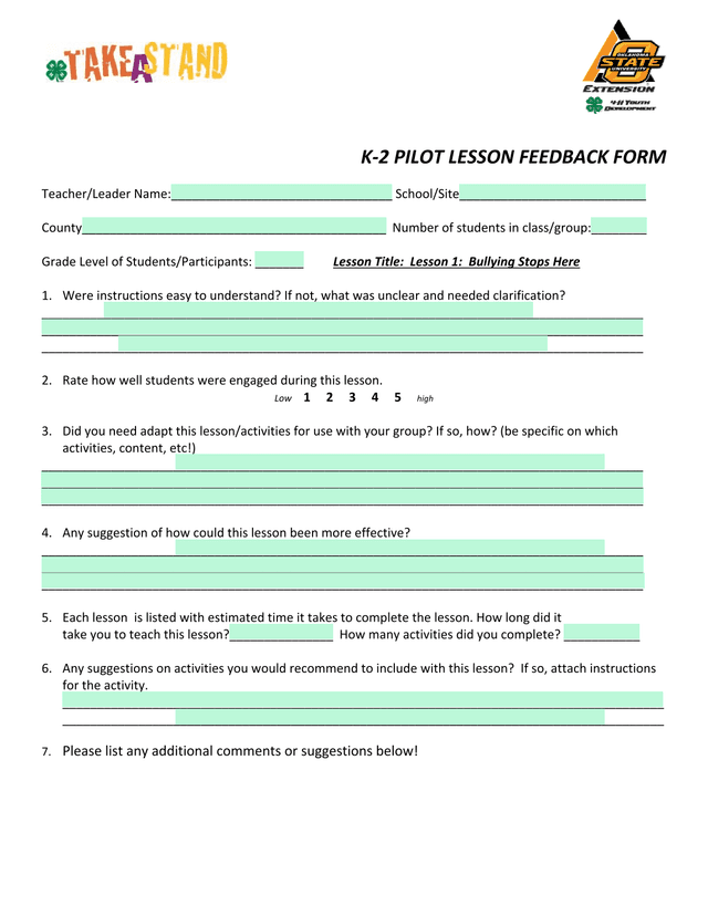 K 2 PILOT LESSON FEEDBACK FORM screenshot