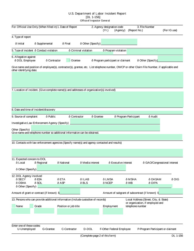 U.S. Department Of Labor Incident Report DL 1 156 screenshot