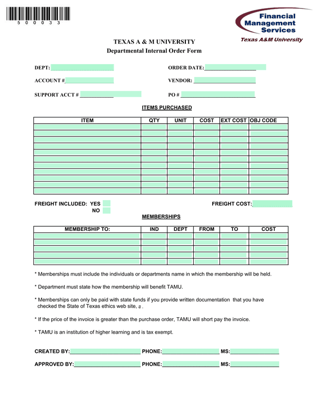Departmental Internal Order Form screenshot