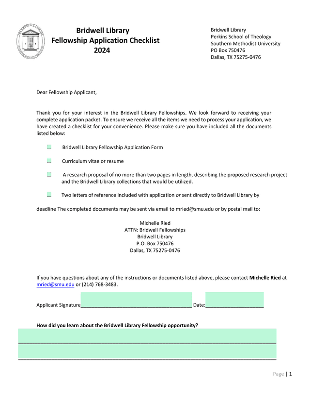 Bridwell Library Fellowship Application Checklist screenshot