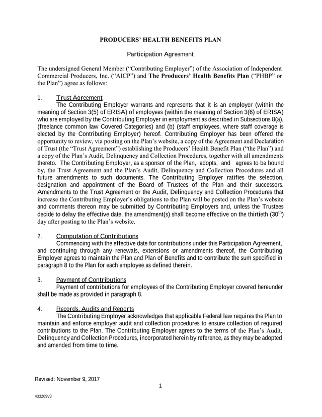 Producers Health Benefits Plan Participation Agreement screenshot