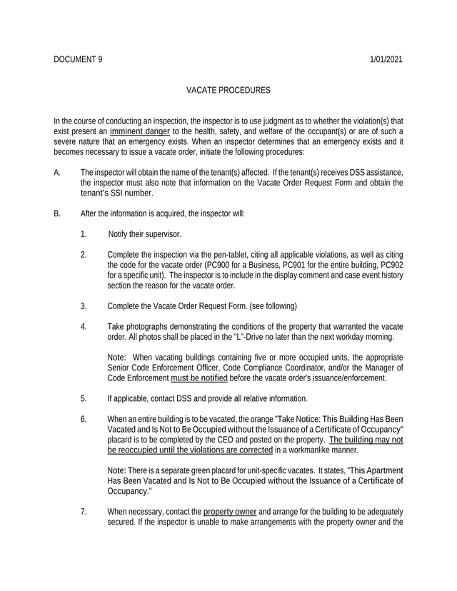 VACATE PROCEDURES screenshot