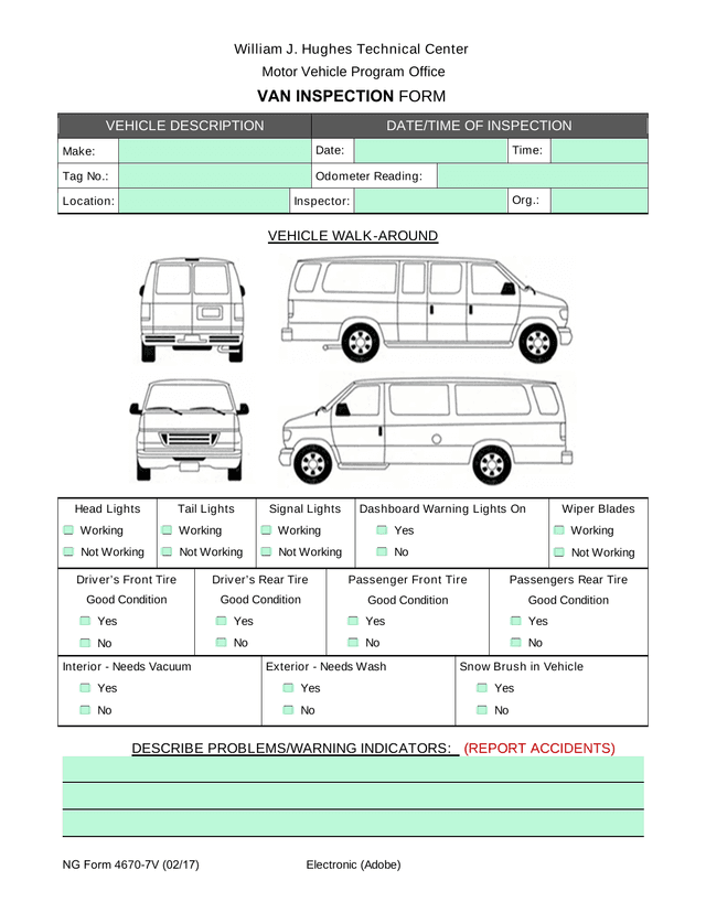 VAN INSPECTION FORM screenshot