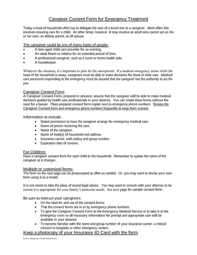 Caregiver Consent Form For Emergency Treatment screenshot