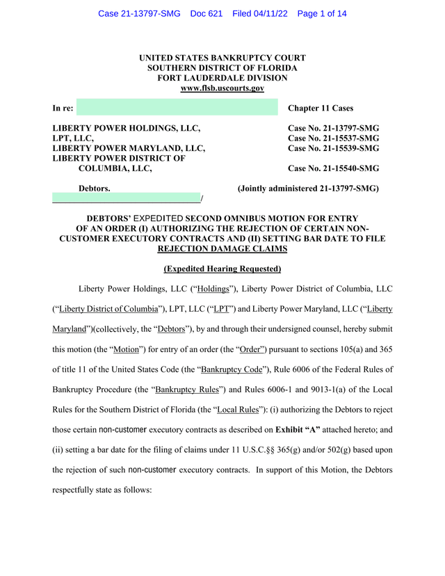 Debtors Expedited Second Omnibus Motion For Entry Of An Order screenshot