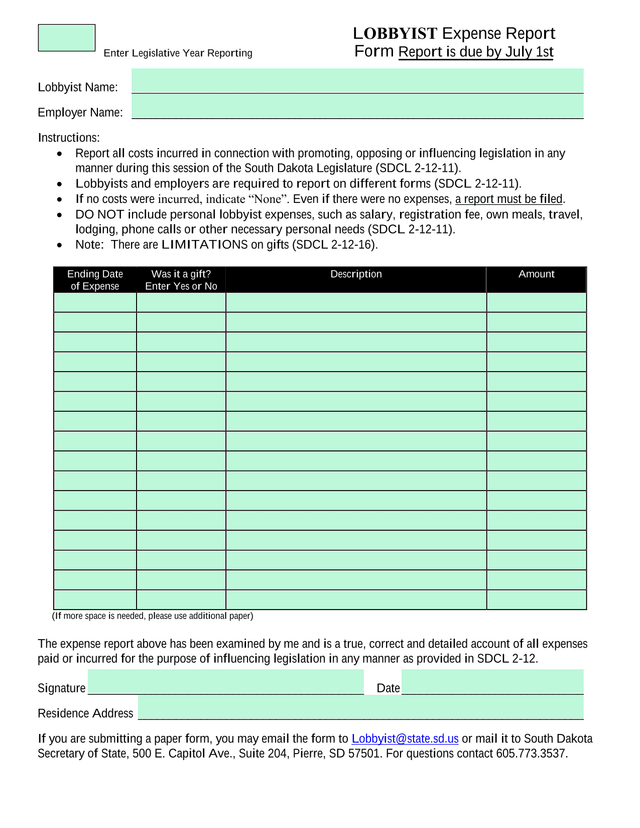 LOBBYIST Expense Report screenshot