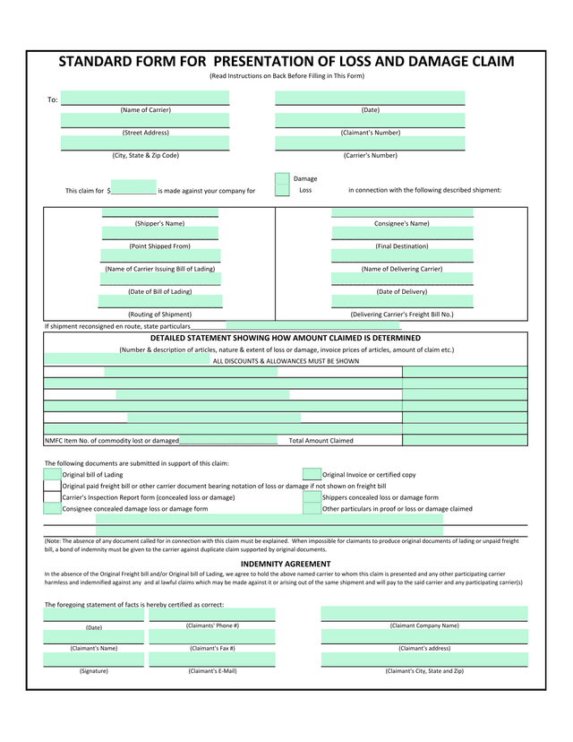 Carrier Freight Claim Form screenshot