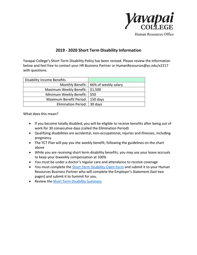 2019   2020 Short Term Disability Information screenshot