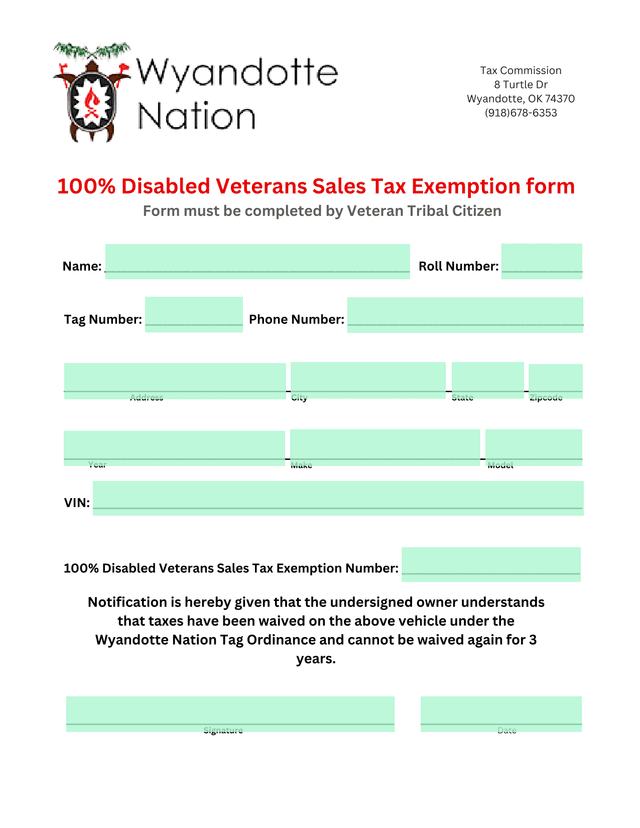 100 Disabled Veterans Sales Tax Exemption Form screenshot
