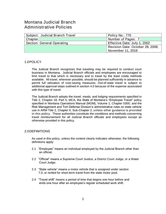 Montana Judicial Branch Administrative Policies   Judicial Branch Travel screenshot