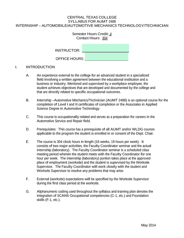 AUMT 2488 Internship Syllabus screenshot