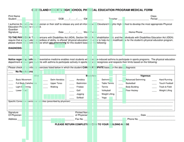 Cleveland Heights High School Physical Education Program Medical Form screenshot