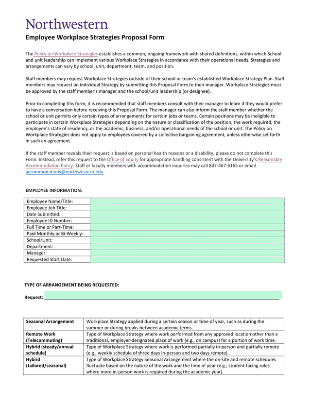 Employee Workplace Strategies Proposal Form screenshot