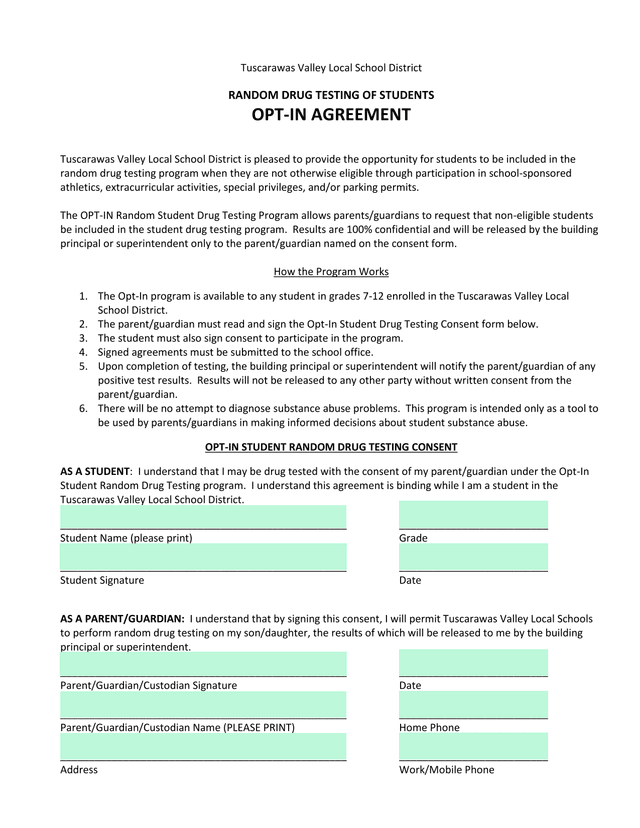 Opt In Student Random Drug Testing Consent screenshot