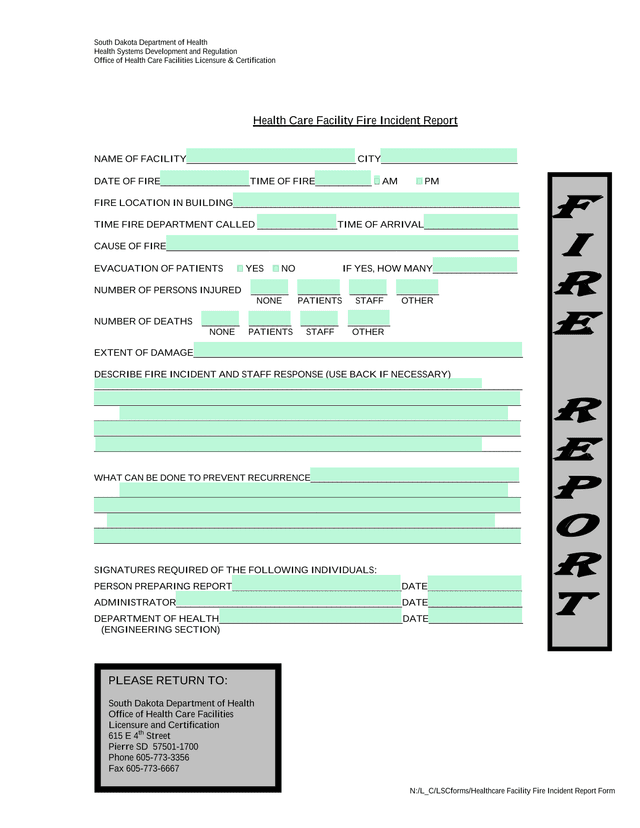 Health Care Facility Fire Incident Report screenshot