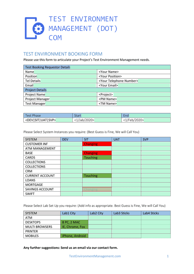 Test Environment Booking Form screenshot