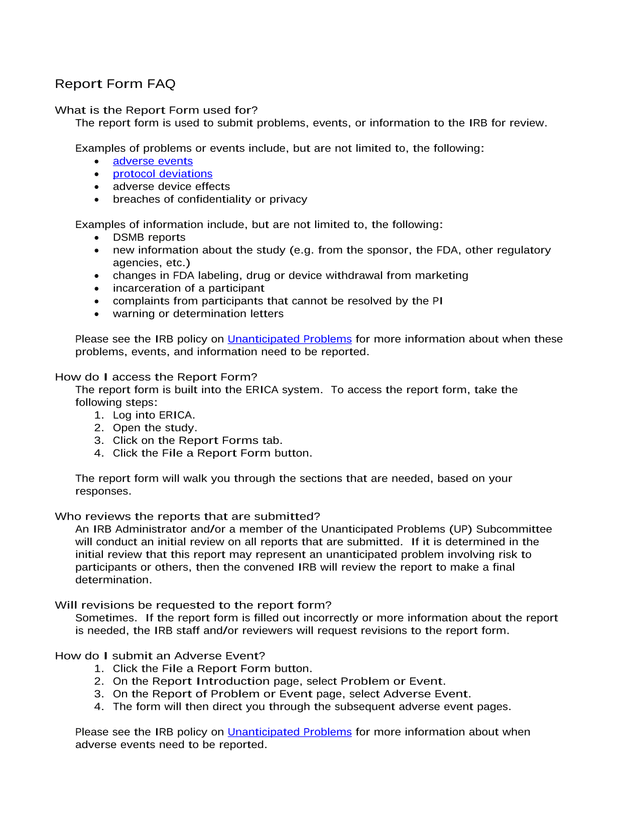Report Form FAQ screenshot