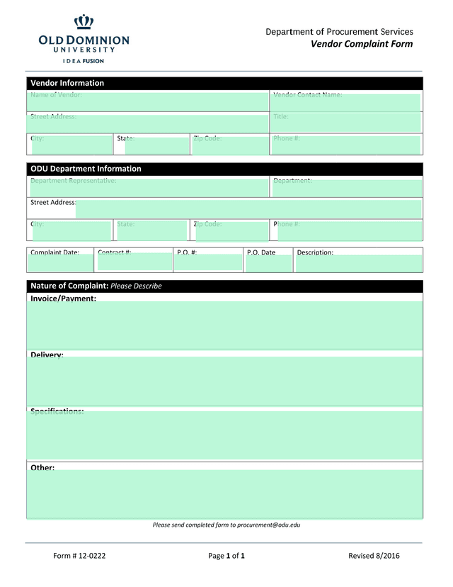 Vendor Complaint Form screenshot