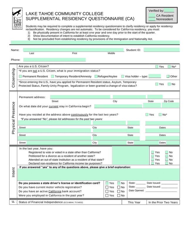 Supplemental Residency Questionnaire (CA) screenshot