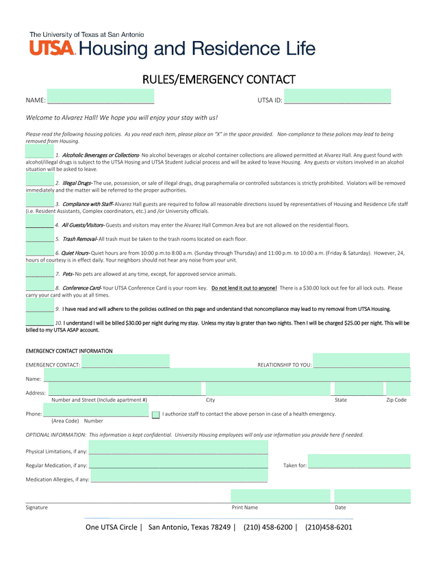 Alvarez Hall Housing RulesEmergency Contact Form screenshot