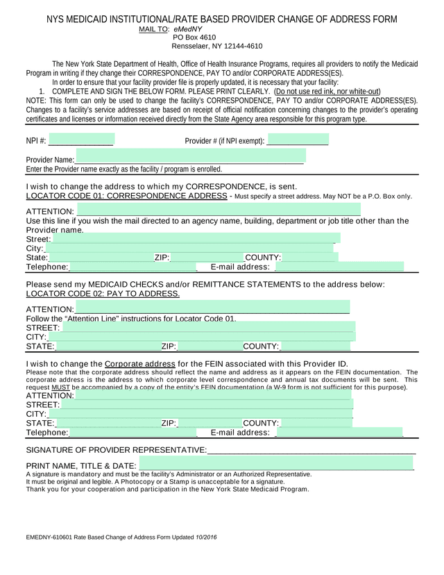 NYS Medicaid InstitutionalRate Based Provider Change Of Address Form screenshot