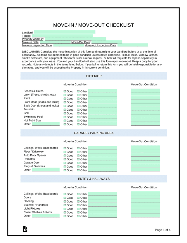MOVE IN  MOVE OUT CHECKLIST screenshot