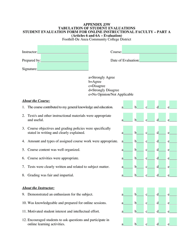 STUDENT EVALUATION FORM FOR ONLINE INSTRUCTIONAL FACULTY  PART A screenshot